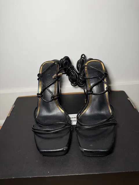 Black Lace-Up Platform Block Heel Sandals