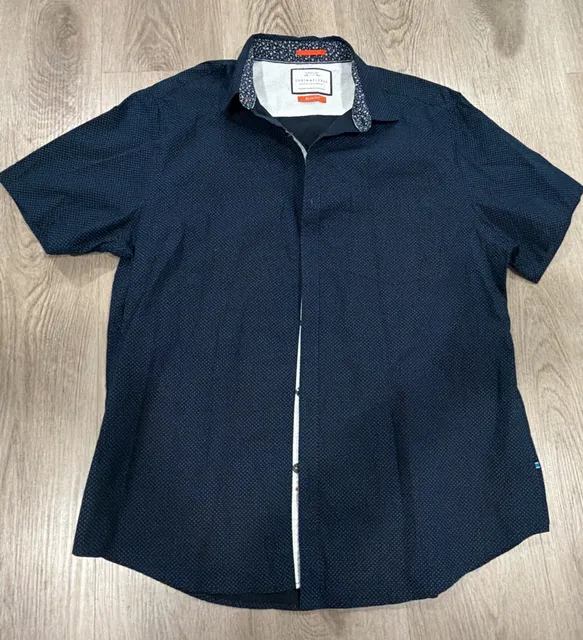 Denim & Flower Short Sleeve Slim Fit Button Down Shirt XL Navy Blue