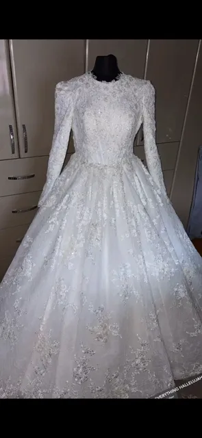 Custom Long Sleeve Lace Ball Gown Wedding Dress White