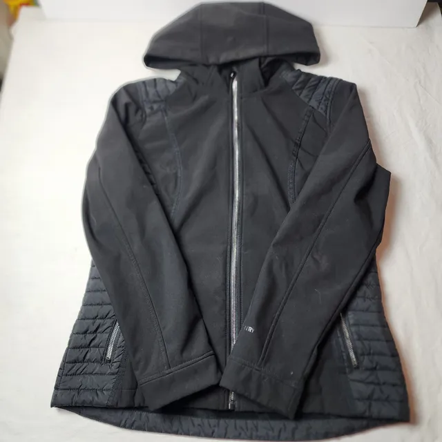 Free Country Quilted Softshell Hooded Jacket Size M Black Fleece Lined