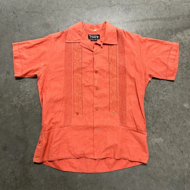 Vintage 70s D'Chan 100% Linen Guayabera Cuban Shirt Embroidered Pleated Size 40