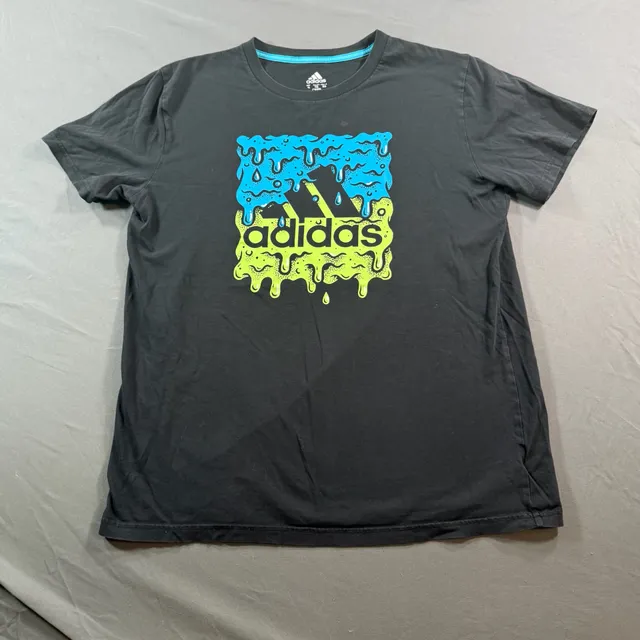 Adidas Boys XL 18/20 Black Drip Logo Graphic T-Shirt Blue Neon Green