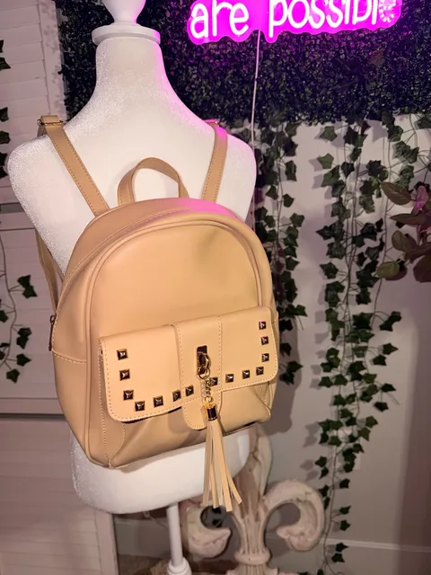 Tan Faux Leather Studded Mini Backpack with Tassel