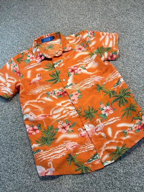 SSLR Boy's Collection Hawaiian Shirt Size M Orange Flamingo Tropical