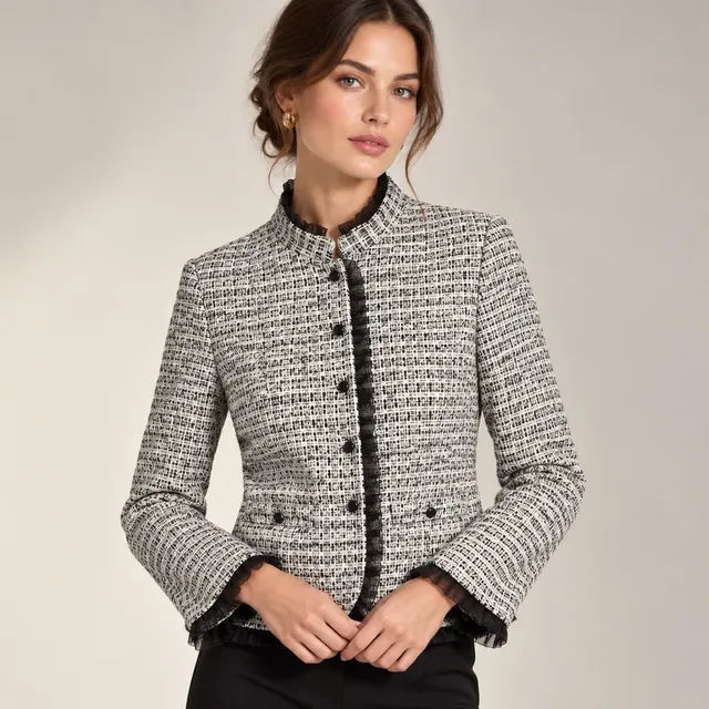 Maggie Sweet Tweed Jacket Size Medium Black Cream Ruffle Trim