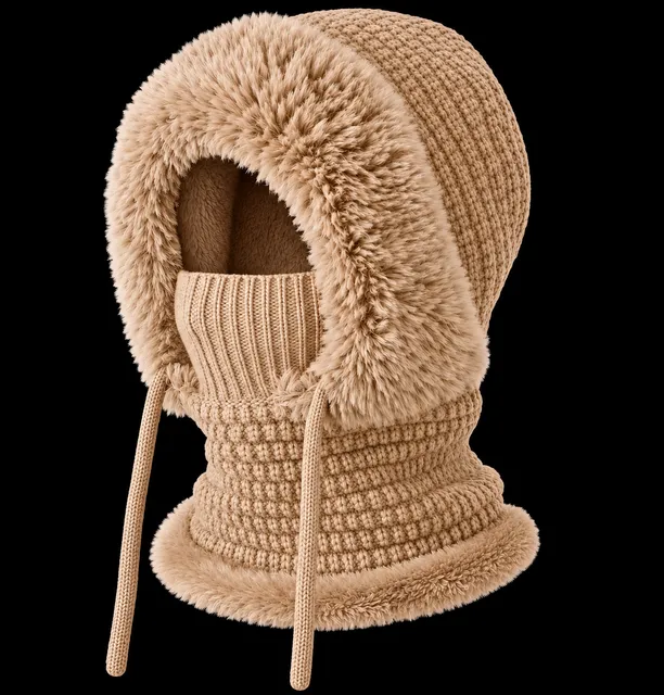 3-in-1 Winter Balaclava Knitted Hood Scarf Hat Khaki
