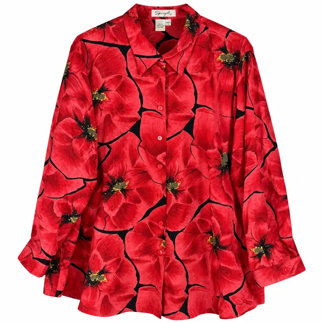 Vintage Silk Spiegel Floral Button-Up Blouse Size 3X Red Black Poppy