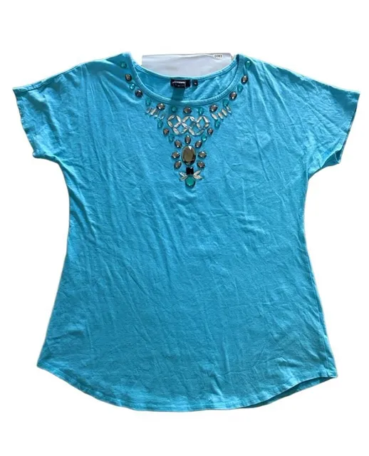 Roam New York Beaded Neck T-Shirt Size M Blue Embellished Top