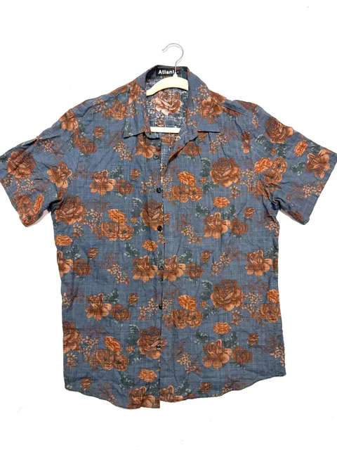 Atlanl Men's Shirt Size L Vintage Retro Cottagecore Boho Hawaiian Resort Floral Rose Print Short Sleeve Button Up Slate Blue Rust Cotton Viscose Slub Casual Summer