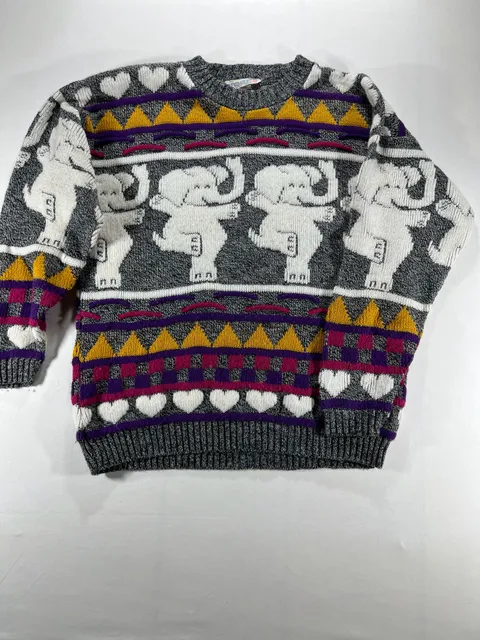 ROSE Vintage Elephant and Hearts Pattern Knit Sweater Gray