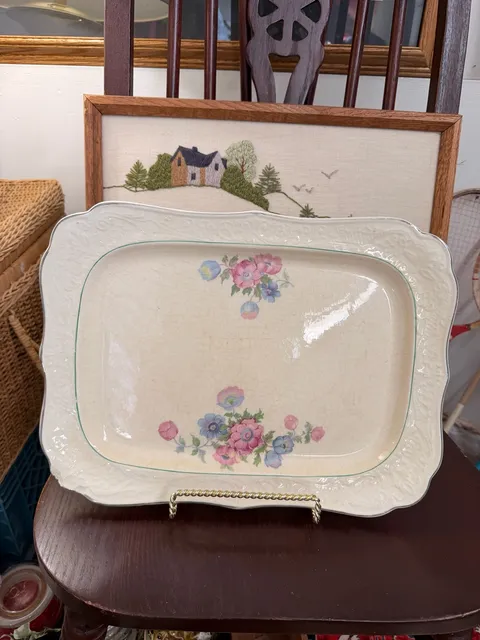 Vintage Floral Serving Platter Dish Embossed Ivory Porcelain Pink Blue Flowers