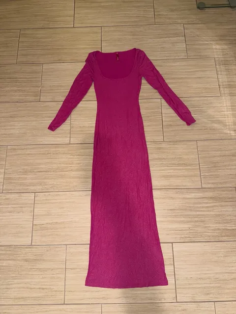 SKIMS Soft Lounge Shimmer Long Sleeve Maxi Dress in Fuchsia Foil L