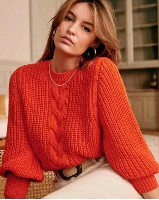 Sézane Jazz Cable Knit Jumper Orange Balloon Sleeve Chunky Knit NWOT