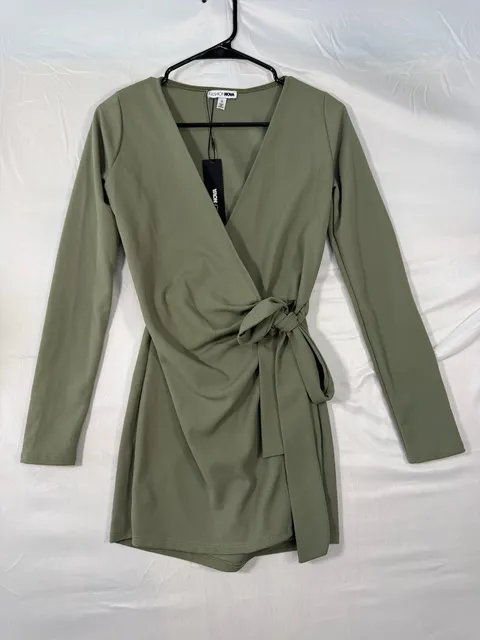 Fashion Nova Wrap Romper Size S Olive Green Long Sleeve New