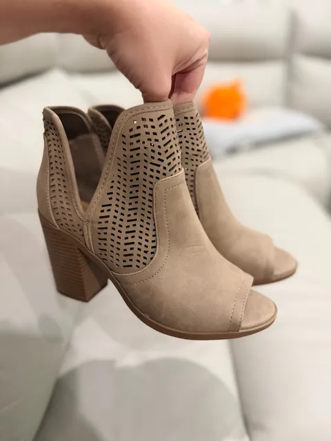 Nude Peep Toe Booties Wooden Chunky Heel Hollow Out Ankle Boots