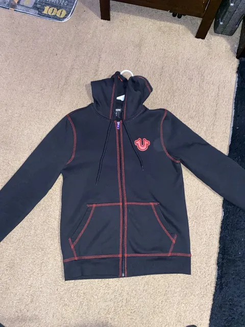 True Religion Big T Zip-Up Hoodie Size S Black Red Stitching