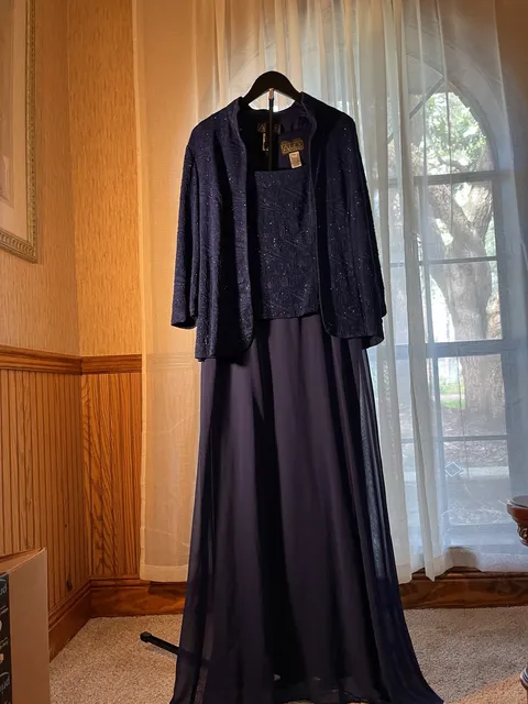 Alex Evenings Dress Set Size 12 Navy Blue Glitter Jacket Long