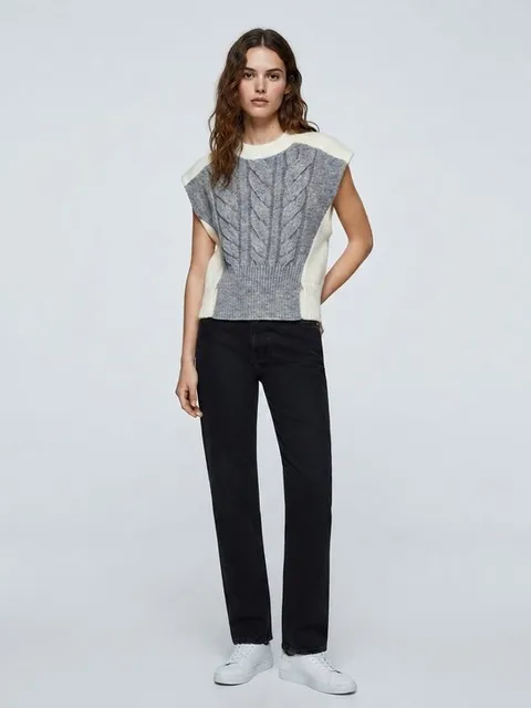 Zara Gray & Cream Contrast Cable Knit Sleeveless Sweater Vest Small
