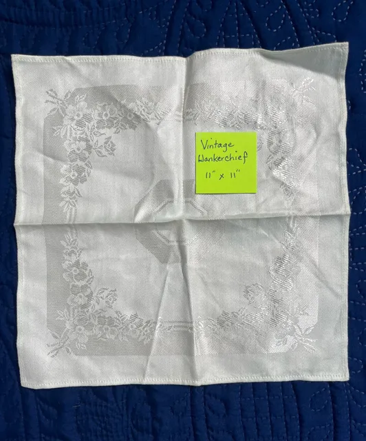 Vintage Handkerchief 11" x 11" White Floral Damask