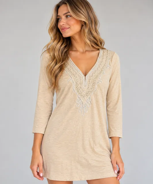 Lilly Pulitzer Clarkson Dress Heathered Camel Embroidered 3/4 Sleeve M