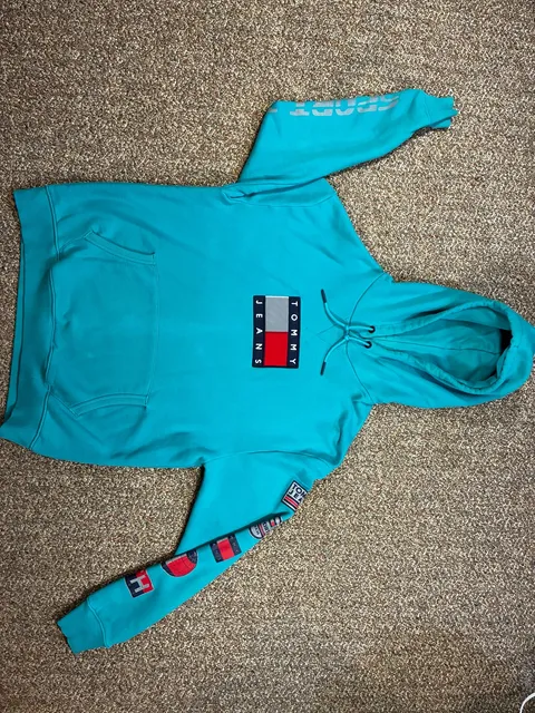 Tommy Jeans Hoodie Size L Teal Logo Sleeve Patches Sport Tech