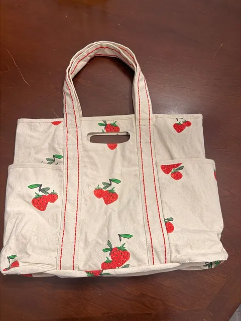 Unbranded Strawberry Print Canvas Tote Bag Multi Pocket Cream