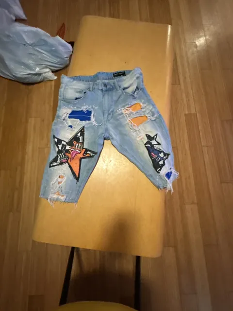 Smoke Rise Distressed Jeans 34x34 Light Wash Graphic Patches