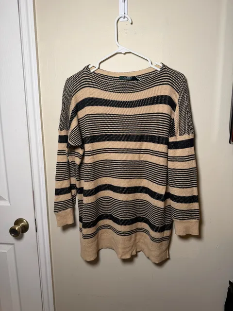 Lauren Ralph Lauren Striped Knit Sweater Size L Tan Black Linen Cotton