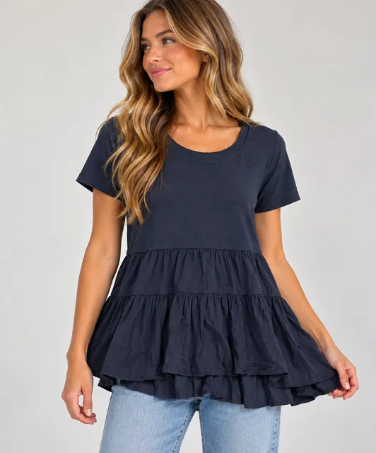 Anthropologie Navy Blue Tiered Ruffle Peplum Top Short Sleeve XS