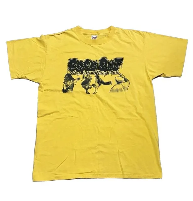 Vintage Y2K Peace Keeper Rock Out Graphic T-Shirt Yellow Anvil Large