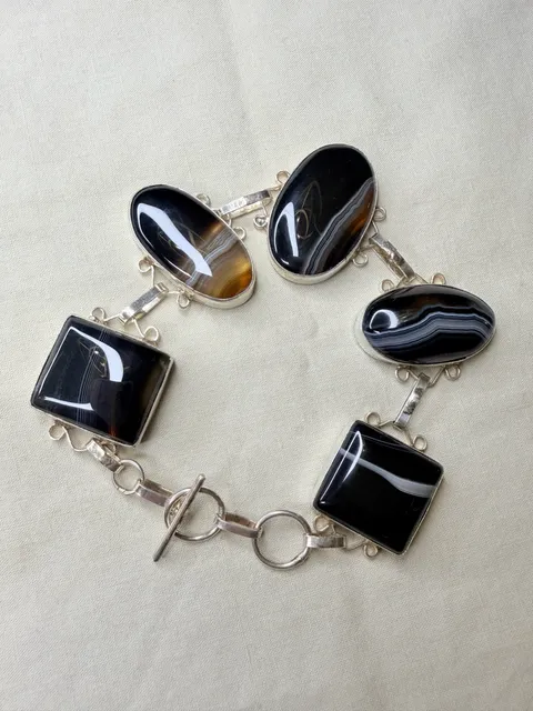 Artisan Sterling Silver 925 Banded Agate Stone Toggle Bracelet