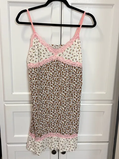 Y2K Insomniax Leopard Floral Slip Dress L Pink Lace NWT Cottagecore Coquette