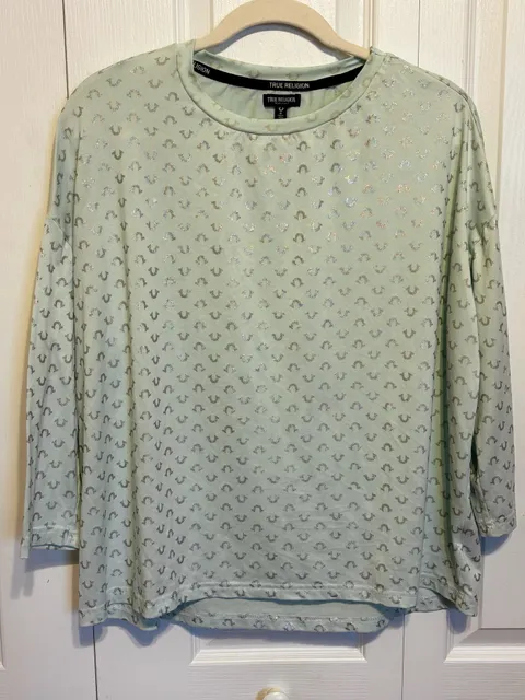 True Religion Horseshoe Print Long Sleeve Top Size M Green