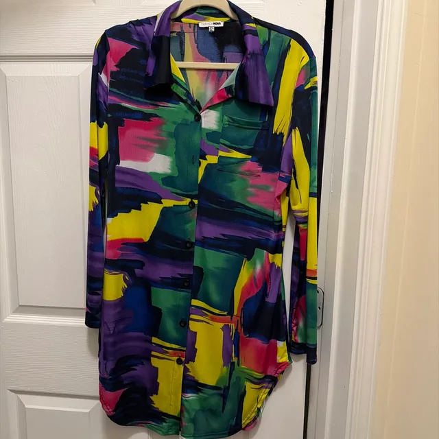 Fashion Nova Button Down Shirt Dress Size XL Multi Color Abstract Print