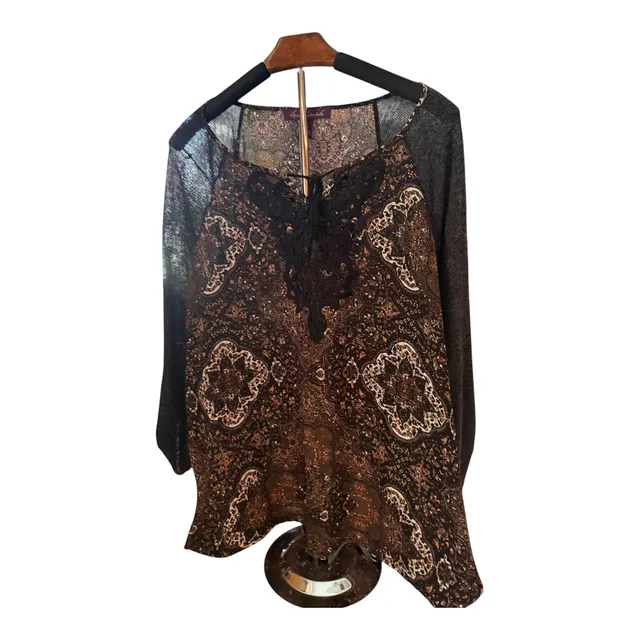 Gloria Vanderbilt Paisley Long Sleeve Lace Trim Boho Top Brown