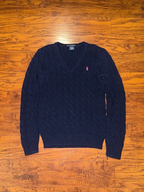 Ralph Lauren Sport Cable Knit V-Neck Sweater Size L Navy Pink Pony