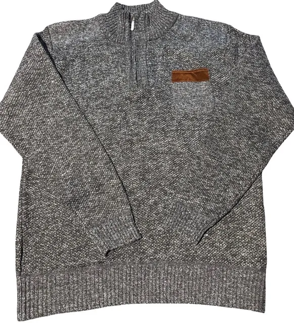 Manfinity Men Large Gray Marled Quarter Zip Sweater Pullover Brown Pocket Accent