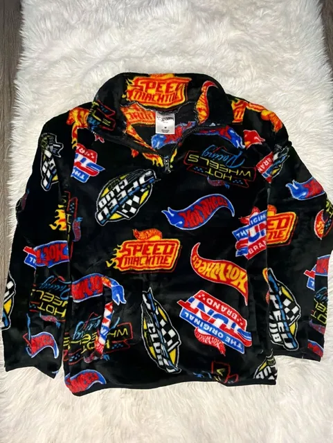 Hot Wheels Fleece Zip Jacket Size M Black All-Over Print Racing