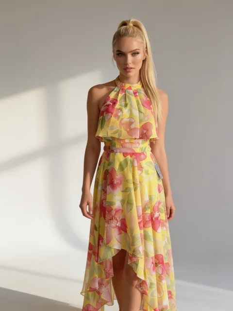 Eliza J Halter Maxi Dress Size 2 Yellow Floral Chiffon