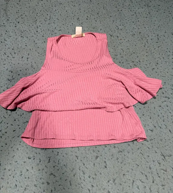 Band Crush Cold Shoulder Top Size S Pink Ribbed Ruffle Overlay