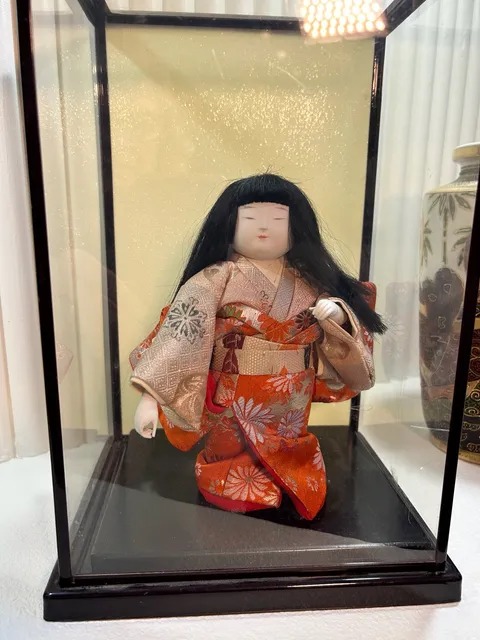 Vintage Japanese Kimekomi Doll Kimekomi-Ningyo Orange Silk Brocade Kimono