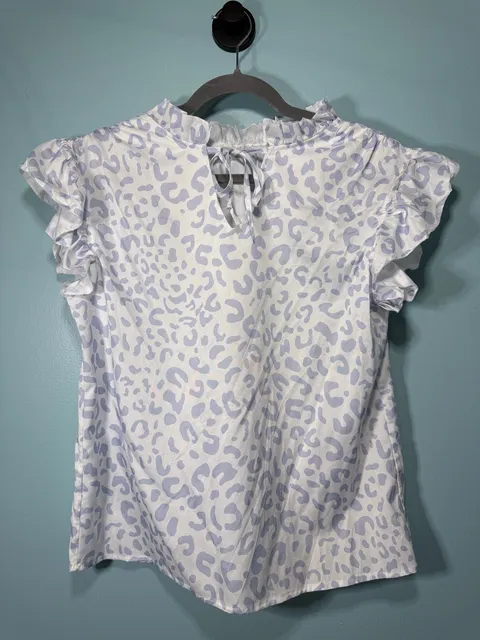Unbranded Leopard Print Ruffle Blouse Size M Blue White Tie Neck