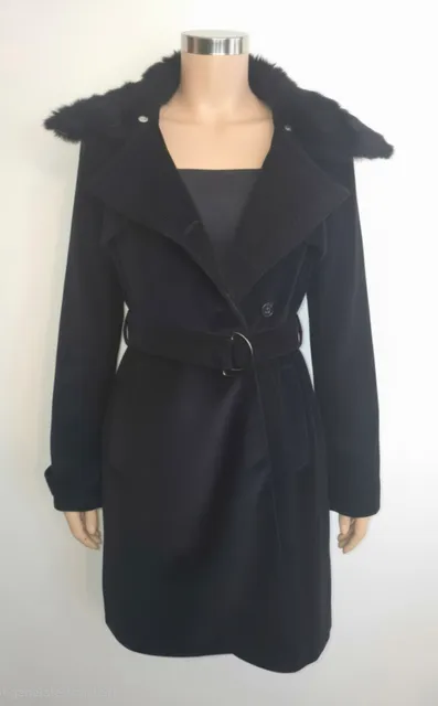 Bebe Corduroy Trench Coat Black Real Fur Collar Y2K