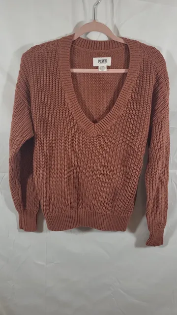 PINK Victoria's Secret V-Neck Shaker Knit Heritage Sweater in Clay, size M