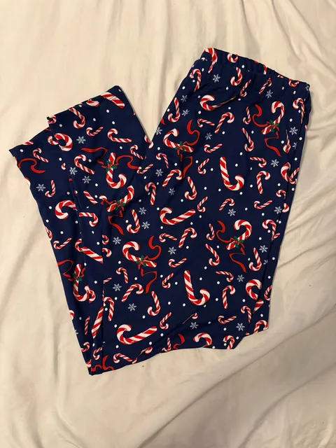 Candy Cane Christmas Leggings X-Large Blue Holiday
