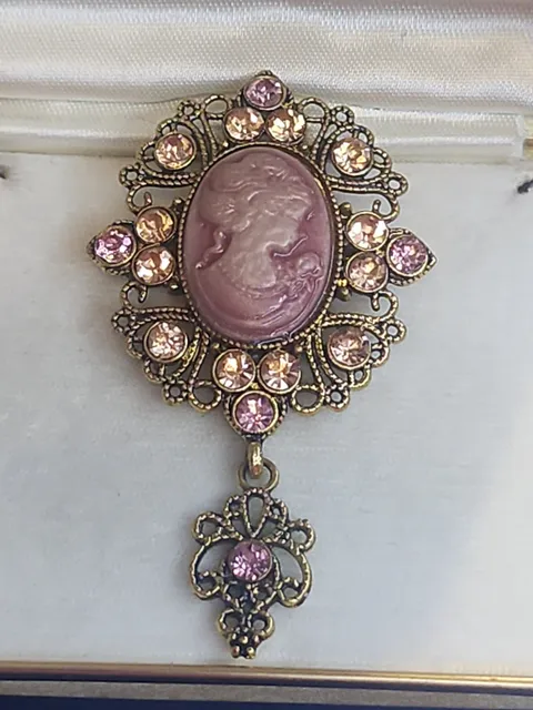 Vintage Pink Cameo Brooch with Rhinestones and Dangle Pendant