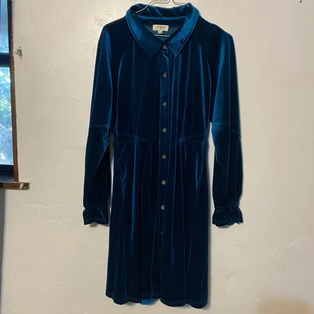 Umgee Velvet Dress Teal Blue Long Sleeve Collared Button Down
