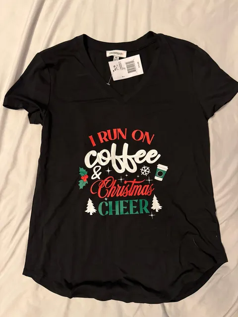 I Run On Coffee And Christmas Cheer T-Shirt Size XS Black