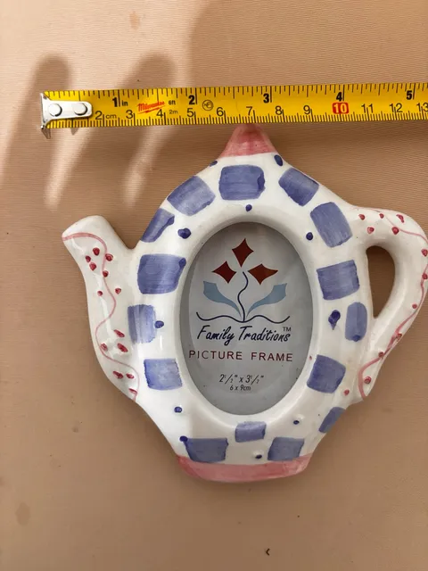 Family Traditions Teapot Ceramic Picture Frame 2.5x3.5 Blue