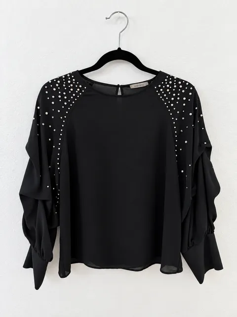 Zara Basic Collection Blouse Size M Black Studded Long Sleeve